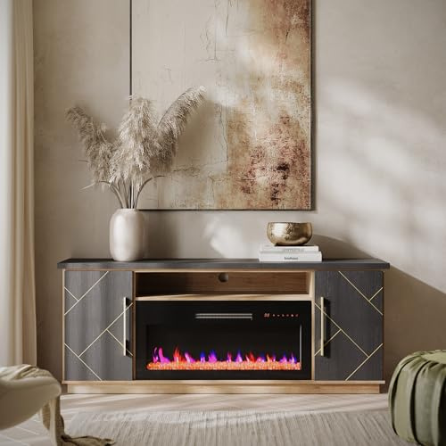 BELLEZE 68“ Fireplace TV Stand for TV's Up to 75, Elegant Entertainment Center with 36 Electric Fireplace Heater, Storage Media Console with Drawers & Open Shelves for Living Room (Espresso Black)