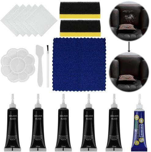 TAIHOBO Leder Reparatur Set Schwarz, 5 Stück 20ml Flüssigleder Schwarz, Kunstleder Reparaturset, Lederreparaturset Schwarz für Autositze Sofas Lederjacke Schuhe Kunstleder Reparieren