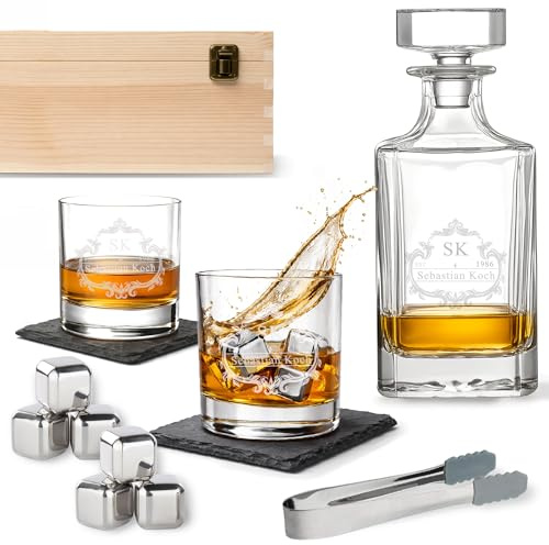 LOOXIS Personalisiertes Whisky Geschenkset mit Namen & Motiv graviert-2x 300ml Whiskyglas, 700ml Karaffe, 2x Edelstahleiswürfel, 2x Untersetzer-Geschenkidee Männer, Vatertag, Weihnachten-Set 2,Motiv 1