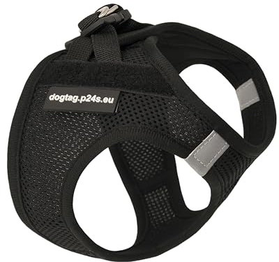 P24S SMART Step-In Hundegeschirr mit Zwei kostenlosen Benutzerdefinierten Patches Klettsticker Wunschlogo für kleine Hunderassen mit Digital Dogtag Service (Schwarz, XS (Brust: 40-48 cm))