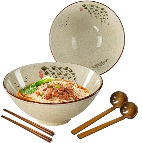 Ramen Schüssel Keramik Set, 2 x 1200ml Japanisches Geschirr mit Essstäbchen und Löffel, Premium Großer Pastaschüsseln, Suppenschalen, Salatschüsseln für Pho Ramen
