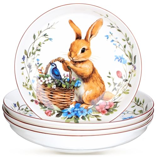 Jinei 4 Pcs Bunny Plates Ceramic Easter Dishes Dinnerware 8 Easter Garden Dinner Dishes Cabbage Salad Plates Spring Tableware Appetizer Tray for Home Kitchen Dessert Candy(Round Rabbit)
