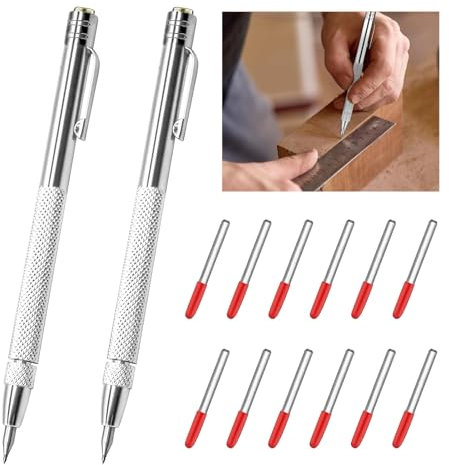 2 Pcs Tungsten Carbide Tip Scriber, Scribe Tool Etching Set Magnetic with 12 Replacement Marking Tip Red Hat for Glass Metal Wood Ceramics Durable Precision Engraving Pen with Non-Slip Aluminum Handle