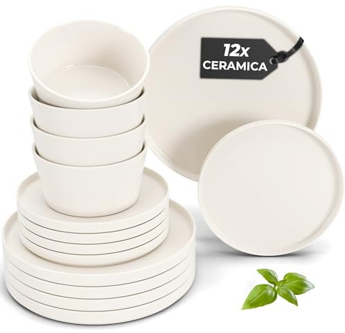 MIAMIO - Servizio di stoviglie per 4 / Set di 12 pezzi in gres moderno/Stoviglie – Lavabili in lavastoviglie e adatte al microonde – Collezione Luxe (Bianco, Set di stoviglie (12x))