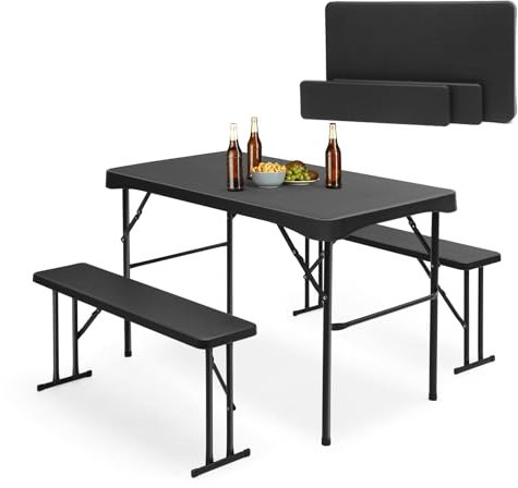 Sekey Bierzeltgarnitur Klappbar Kunststoff | 113 x 61 cm Esstisch Set mit 2 Bänken für 4 Personen | Festzeltgarnitur für drinnen - draußen | Biertisch Set Garten (Schwarz)