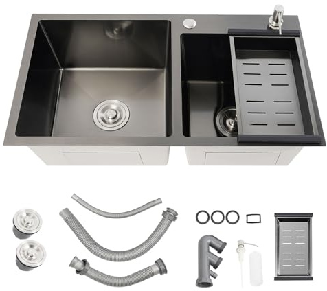 ACROSSPART Fregadero de cocina de acero inoxidable, fregadero doble empotrado, fregadero con escurridor y dispensador de jabón, fregadero negro para cocina, baño, 78 x 43 x 22 cm