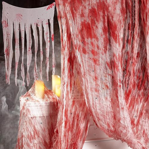 OdiuK Halloween Deko Stoff 200x500 cm Gruseliges Tuch mit 100x165cm Halloween Blutiges Handabdrücken Tuch und 20 Kleine Spinnen, Halloween Horror Tücher Deko für Türen Party Spukhaus Terrasse Garten