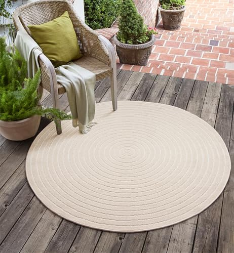 the carpet Santo Plus Outdoor Teppich – Beige, 160 cm Rund – Wetterfest & Pflegeleicht, Balkon Teppich, Terrasse & Garten, Flachgewebe Indoor & Outdoor, Modern für Wohnzimmer & Schlafzimmer