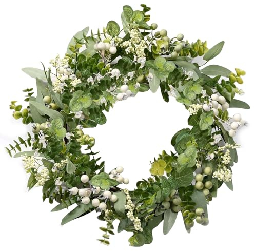 Xiyocadt 45 cm Eukalyptus Kranz, Eukalyptus-Kranz für die Haustür, Türkranz ganzjährig, Modern Wreath Grüner Türkranz außen Ganzjährig, lebensechte künstliche kleine Türkranz-Dekoration für Bauernhaus
