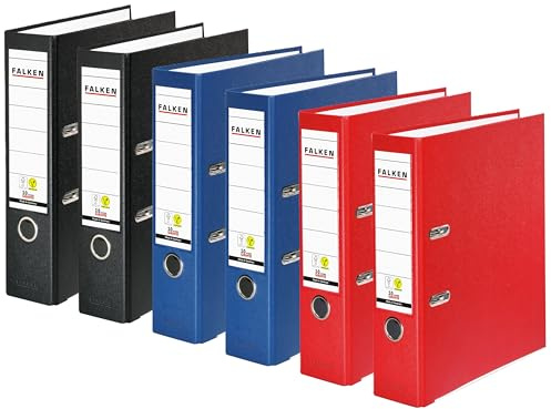 Original Falken 6er Pack PP-Color Ordner. Made in Germany. 8 cm breit DIN A4 farbig sortiert in schwarz blau rot Vegan Kunststoff-Ordner Ringordner Aktenordner Briefordner