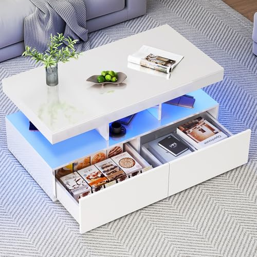 MASAJIA Table Basse Blanc LED, Table Basse LED Salon avec 2 Tiroirs, 104×53×46cm, TableBasse BlancLaquéTable de Salon ModerneLED Tables Basses de SalonTable BasseBlancLEDTable de SalonLED