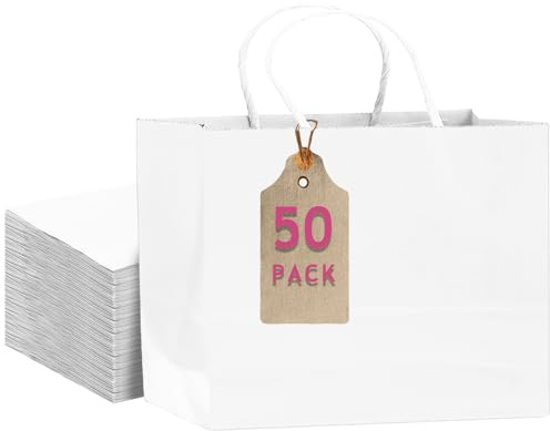 Gcardist 50PCS Gift Paper Bags 32x11x24.5cm Gift Bag with Handles Bulk White Bags Multiple Uses (12.6x4.3x10,Wide Large)
