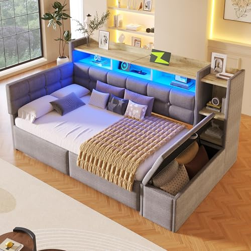 Luxeza Tagesbett, Daybett, Schlafsofa, 90 × 190 cm, mit Zwei Schubladen, USB- und Typ-C-Anschlüssen, Ablagefach, Stauraumbank am Fußende, LED-Lichtleiste, Ohne Matratze, Samt (Grau)