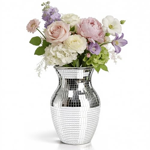 Vase en Mosaïque Miroir Style Boule à Facettes, Verre 20 cm pour Centre de Table, Décoration Intérieure, Argenté