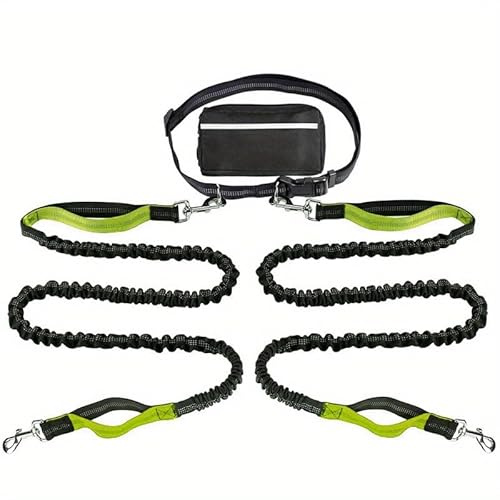 wisedog Löparkoppel för husdjur reflekterande nylon dubbelt hundkoppel - infällbar för promenader och träning (grönt dubbelkoppel)