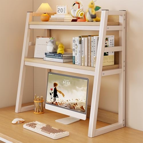 GUODDM Zweistöckiges Computer-Schreibtischregal, Mehrzweck-Schreibtischständer, Leiterregal, Schreibtisch-Organizer Aus Holz Und Metall, Für Studentenwohnheim, Büro Und Zuhause(White,55 * 32 * 90cm)