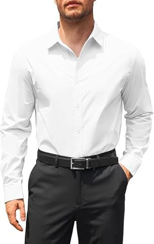 Runcati Camicia da uomo a maniche lunghe, vestibilità normale, da lavoro, da uomo, tinta unita, in cotone, per il tempo libero, formale Button Down, bianco, M