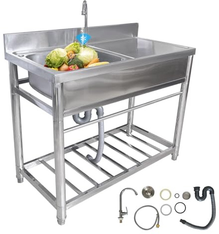 Lavello Da Cucina In Acciaio Inox Autoportante con Piano D'Appoggio, Lavello Singolo per Esterni con Scaffale Portaoggetti E Kit Di Scarico per Lavanderia, Bar, Garage O Ristorante