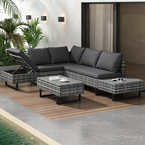 Terahanda Poly-Rattan-Garnitur, Gartengarnitur Sitzgruppe Sofa Lounge,Gartenlounge für 4-5 Personen, Lounge mit Ecksofa, Tisch & Auflagen, Abnehmbarer und waschbarer Stoffbezug (Grau)