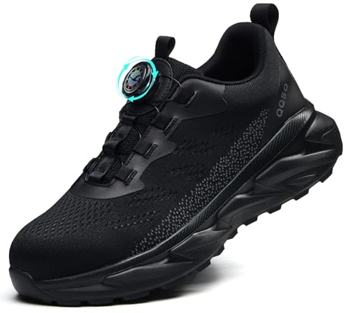 QQSQ Safety Trainers Men Women Steel Toe Cap Trainers Puncture Proof Work Safety Shoes Lightweight Breathable Safety Trainers Swivel Buckle Shoelace, Black, 14 UK