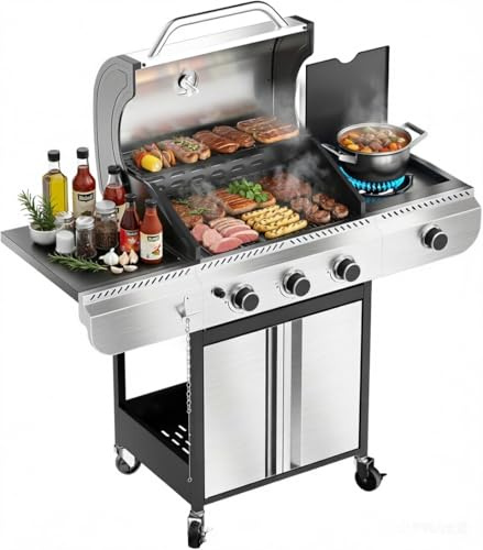 Parrilla de gas propano de 3 quemadores con quemador lateral, parrilla de barbacoa de acero inoxidable de 34,000 BTU, rejillas esmaltadas de porcelana resistente para patio y cocina al aire libre