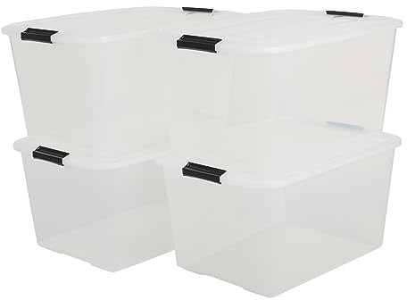 Iris Ohyama Aufbewahrungsbox mit Deckel, 45L, 4er-Set, Transparent, Schnappverschlüsse mit Griffen, Stapelbar, Stark & Langlebig, Für Kleidung, Garage, Zuhause, Büro, Plastikbox, Lagerung TB-45