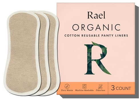 Rael Reusable Panty Liners Menstrual, Organic Cotton Cover, Period Essential, Cloth Pantyliner for Women, Washable, Soft and Thin, Leak-Free, Washing Machine Safe (3 Count, Brown)