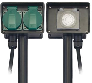 Perel Prise extérieure avec minuterie et Piquet de Terre, 2 Prises Type F avec couvercles, IP44 étanche aux éclaboussures, câble 1,5 m, multiprise de Jardin