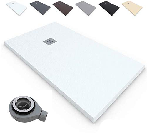 Plato de Ducha Extraplano EstiloBaño®TERRA Resina Antideslizante Textura Pizarra - Todos Tamaños Disponibles - 80x100, Blanco RAL-9003 - Incluye Válvula Desagüe + Rejilla