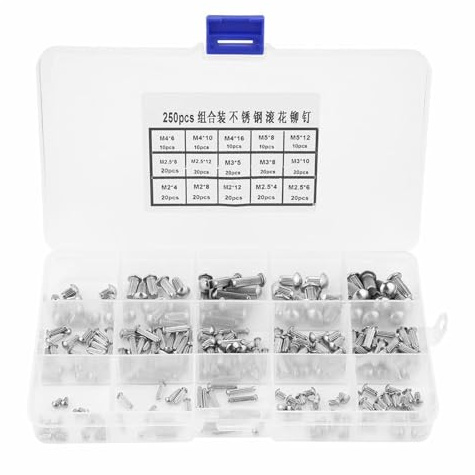 Broco 250pcs M2-M5 Vollnieten Kit,halbrundniete set,vollnieten rundkopf Edelstahl Rundkopf Knurled Schaft Vollnieten Sortiment Set