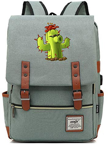 WANHONGYUE Plants vs. Zombies Spiel Schulrucksack Schulranzen Studententasche Vintage Backpack 15,6 Zoll Laptop Rucksack mit USB-Ladeanschluss Green / 2