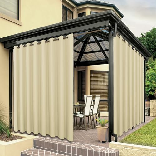BONZER Wasserdichte Outdoor-Vorhänge für Terrasse, Veranda, Pergola, dick, Privatsphäre, breite Ösen, Innenvorhänge für Schlafzimmer, Wohnzimmer, 1 Stück, 275 x 244 cm, Cremefarben