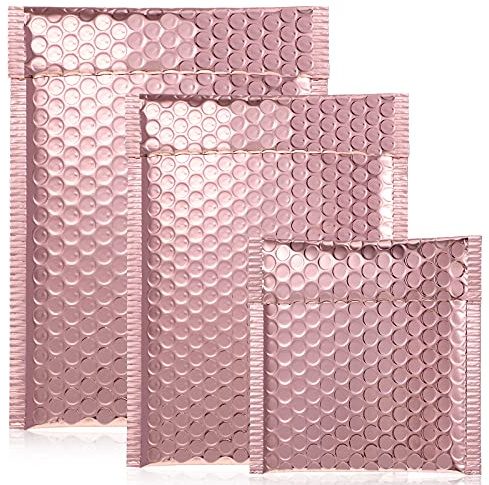 50 Pieces Bubble Mailers 3 Sizes Self Seal Adhesive Poly Mailers Metallic Foil Glitter Padded Shipping Bubble Envelopes for Valentine Mailing Packing Small Business (Rose Gold)