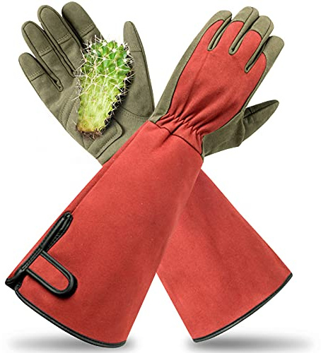 Yionaiyi Professionelle Gartenhandschuhe gegen Dornen, langer Unterarmschutz, Gartenhandschuhe für Damen und Herren, Rot, Größe L