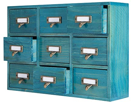 PACKGILO 9 Drawers Library Card Catalog Cabinet with Labels Apothecary Cabinet Tabletop Apothecary Chests and Cabinets Herb Storage Box Wooden Desk Drawer Organizer Medicine Vintage Furniture(Blue)