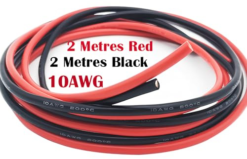 CESFONJER Fil de silicone de 10 AWG, (2 mètres noir et 2 mètres rouge) fil flexible de silicone du fil de cuivre étamé résistant à hautes températures pour voiture RC, drone etc.