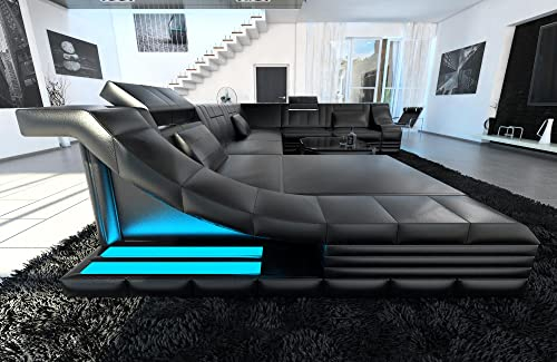 Wohnlandschaft Turino XXL Sofa in Leder - mit LED Beleuchtung, verstellbare Kopfstützen, Recamiere/Lederfarben wählbar/Ausrichtung wählbar (Ottomane Links, Black)