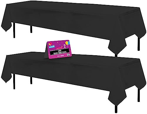 SOL 2pk Long Black Table Cloth Party 274x137cm Disposable Plastic Cover. Heavy Duty Spill Protection: Opaque Design for Halloween, Graduation, Birthdays, Weddings, Buffets Catering & Charity Events.