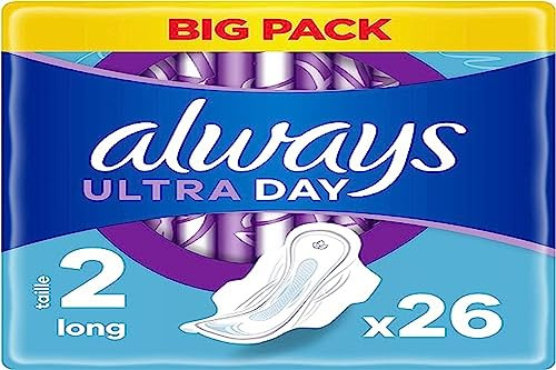 Always Ultra Serviettes Hygiéniques, Taille 2, Long, 26 Serviettes Avec Ailettes, Flux Modérés Jour, Max Confort, Super Absorbantes et Ultra Fines