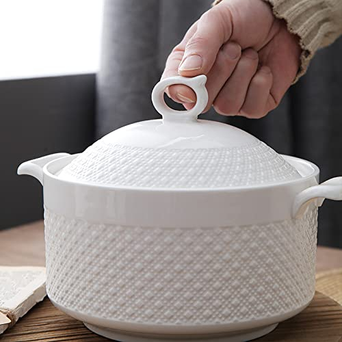 Sopera De Cerámica con Cucharón De Sopa Cuenco De Sopa con Tapa De Porcelana para Restaurante Hogar Cocina Decoración Blanca Olla De Sopa,Blanco,1800ML