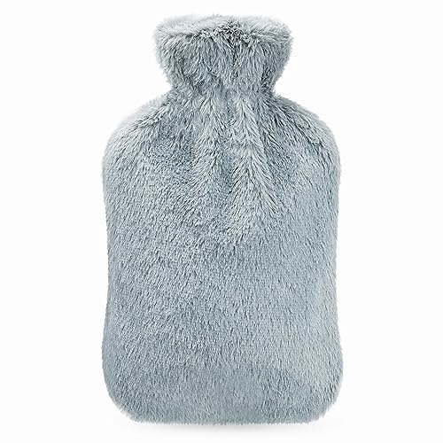Wärmflasche mit Weichem Bezug 2L Bettflasche Flauschig PVC Heißwasserbeutel ideal zur Schmerzlinderung Sichere und Haltbare Beste Geschenk für Frauen und Erwachsene (Grau)