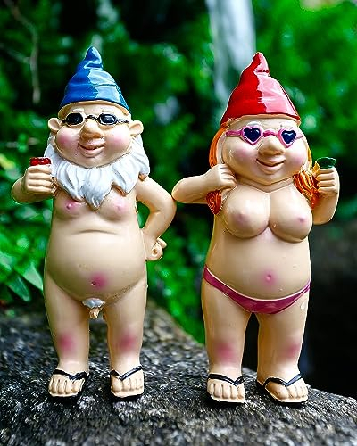 XFLYP Estatua de Gnomo de Bienvenida para Jardín, Divertido Enano, Resistente al Agua, Protección Solar, Enano para el Jardín, Decoración para la Terraza, Decoración para el Balcón(Pareja Desnuda)