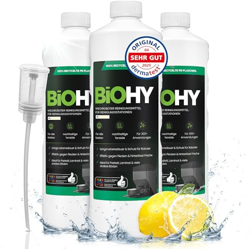 BiOHY Wischroboter Reiniger für Station mit Frischeduft (3 x 1L) + Dosierer | Bodenreiniger Wischroboter & Reinigungsmittel für Saugwischer und Saugroboter Konzentrat für Parkett, Fliesen & Hartböden