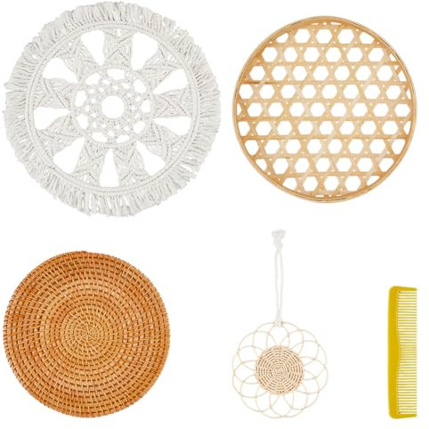 DICOSMETIC 4 Stück/1 Set Runde Rattan Wanddekoration Boho Wandkorb Makramee Wandbehang Baumwolle Gewebt Blumen Dekor Bambus Sieb Bambus Sieb Wandteppich Für Schlafzimmer Wohnzimmer