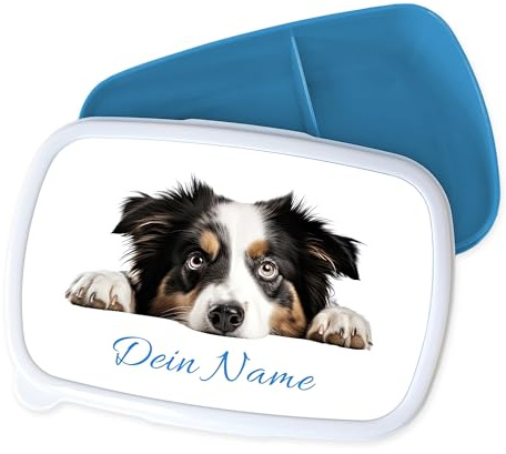 GRAZDesign Personalisierte Hund Brotdose mit Namen, Blau | Für Kinder, Brotbox Kindergarten und Schule, Geschenk für Mädchen & Jungen