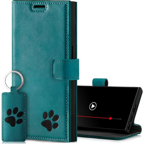 SURAZO Handyhülle für Samsung Galaxy S24 Ultra 5G – Echtleder Schutzhülle mit Pfote Motiv – RFID Klapphülle [mit Magnet, Standfunktion, Kartenfach] Flip Cover Hülle Leder Case Lederhülle (Türkis)