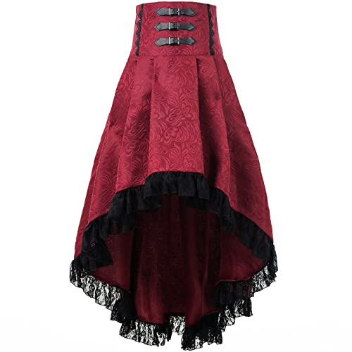 Fiamll Jupe gothique steampunk pour femme - Jupe pirate victorienne avec taille haute et volants, rouge, M