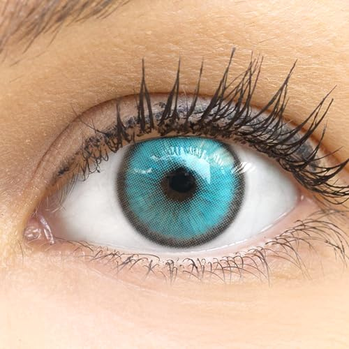 Glamlens lentilles de couleur bleu naturelles colorées très haute opacité Barcelona Blue + étuis à lentilles de contact I 1 paire (2 pièces) I 90 Jours I sans correction I 0,00 Dioptries