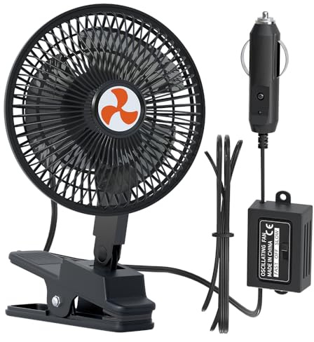 AOWEITOUR 12 Volt Oscillating Car Fan, 6 Portable Silent Cooling Air Fan with Clip-on Cigarette Lighter, 360° Rotatable Ventilation, 6FT Cord for Trucks, Cars, RVs, Golf Carts