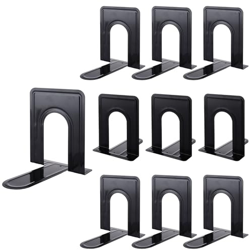 ZOFUN 10 Pcs Book Ends, 17 x 14 x 12 cm Heavy Duty Bookends, Metal Book Ends Black, Anti-slip Book Stoppers for Decor, Home, Office, Library, School